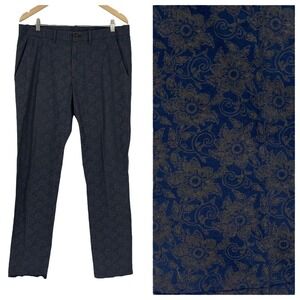 Stile Benetton Pants Floral Paisley Navy Gold Slim Fit Women’s Waist 36”